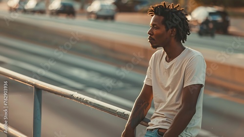 Black male in casual clothes looking away while standing near road with car and leaning on handrail on city street : Generative AI