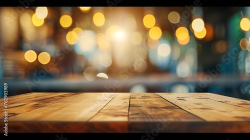 Empty wood table top on blur light gold bokeh of cafe restaurant : Generative AI photo