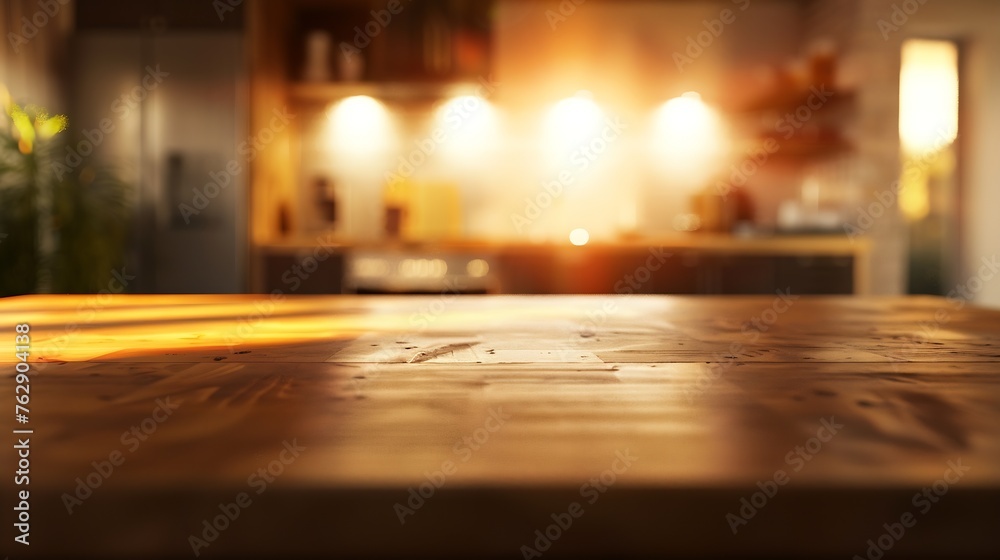 beautiful brown wood table top kitchen interior background and blurred defocused with daylight flare bokeh product montage display : Generative AI