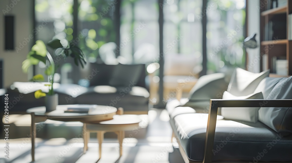 Interior of stylish living room with cozy grey sofa and wooden armchair blurred view : Generative AI Interior of stylish living room with cozy grey sofa and wooden armchair blurred view : Generative AI