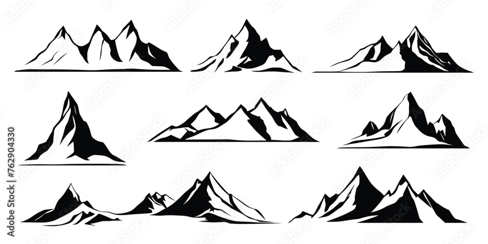 Silhouette mountain range isolated on white background, vector design set