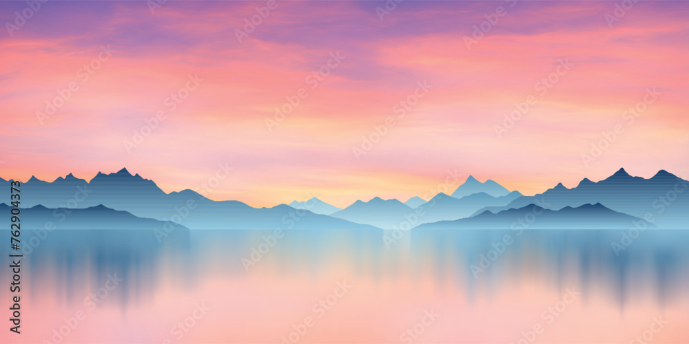 Mountain lake at sunset, dramatic sky, scenic reflection, vector illustration