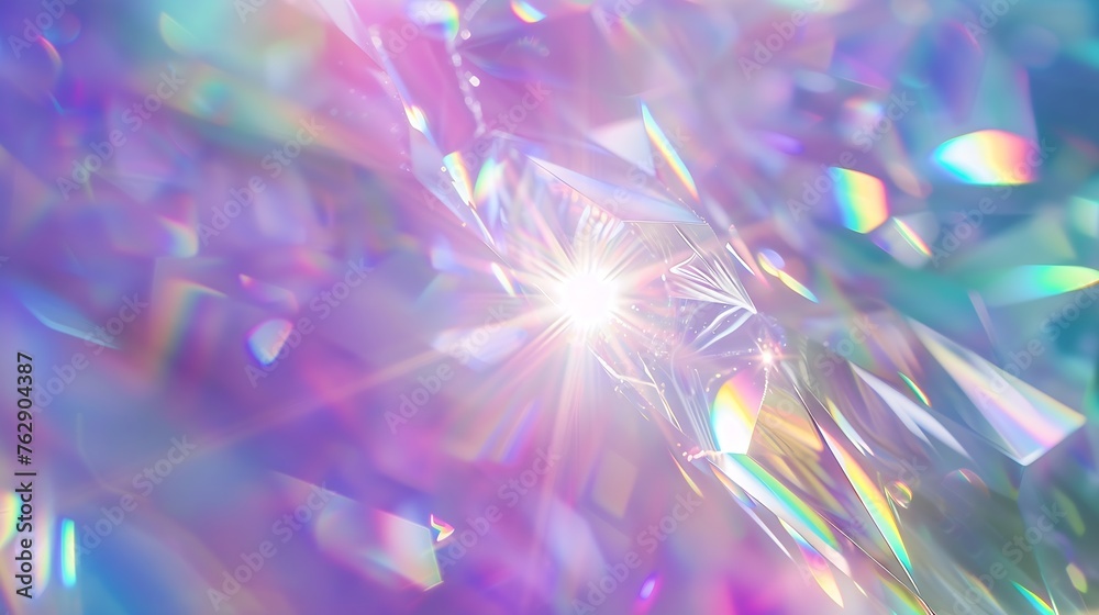 Obraz premium A holographic rainbow unicorn pastel purple pink teal colors abstract background Optical crystal prism flare beams Light flares Christmas texture : Generative AI