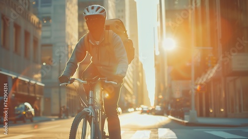 Male bike messenger riding bicycle on city street : Generative AI photo