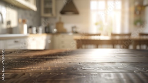 Beautiful empty brown wooden table top and blurred defocused modern kitchen interior background with daylight flare product montage display : Generative AI © Generative AI