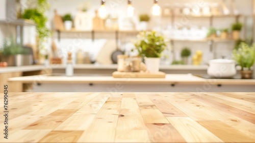 Empty beautiful wood table  top counter  and blur bokeh modern kitchen interior background in clean and brightBanner Ready for product montage : Generative AI