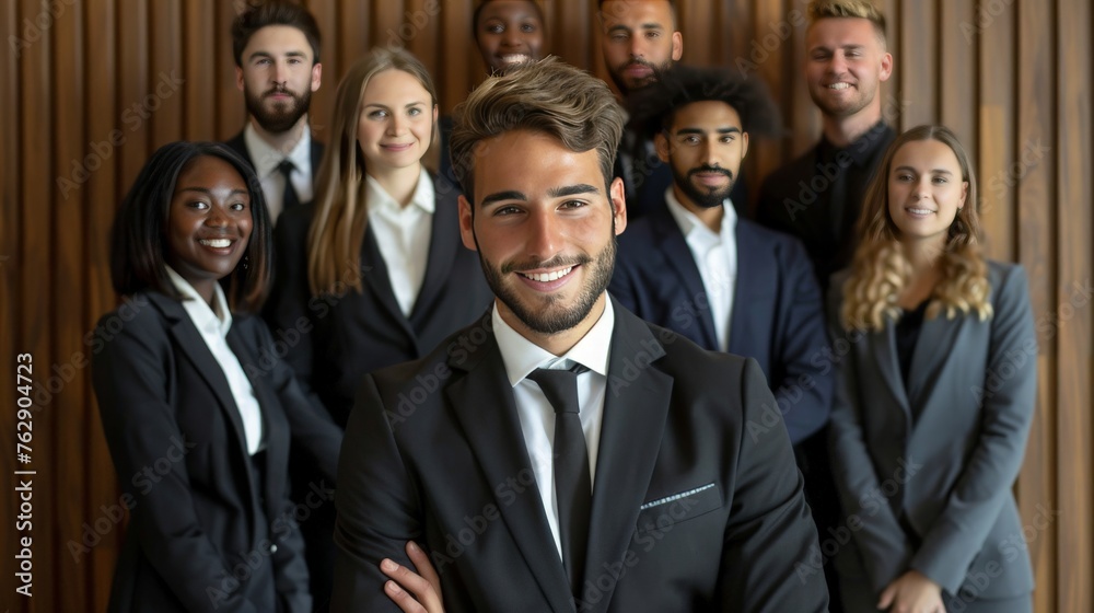 Happy attractive professional colleagues of different ages and races standing behind young male leader in formal suit and tie looking at camera, smiling, posing for teamwork portrait