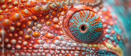 A close-up of a chameleon's skin, displaying its color-changing abilities and texture, photo