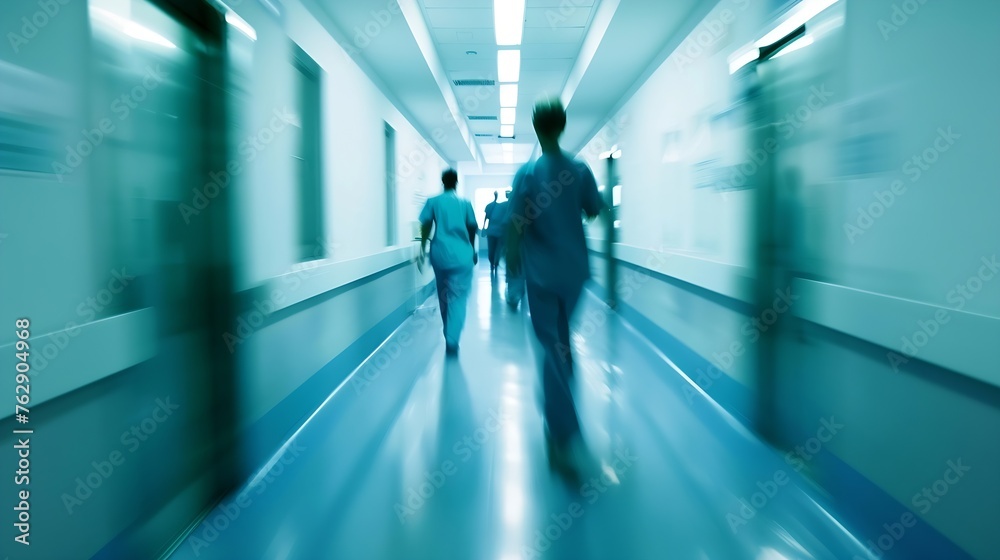blurred for background blurred figures of doctors and nurses in a hospital corridor Doctors and nurses walking in hospital hallway blurred motion Moving human figure in the clinic corr : Generative AI