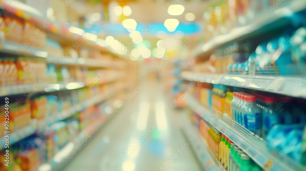 Abstract blurred supermarket aisle with colorful shelves in shopping mall interior for background Blurred background : Generative AI