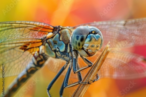 A close-up of a dragonfly perched on a reed, focusing on its compound eyes, © AI Farm