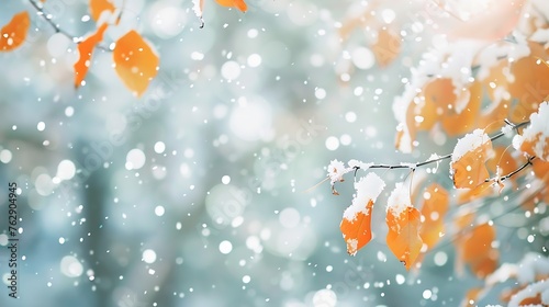 WHITE SNOW IN BLURRED AUTUMN FOREST WITH GREEN AND ORANGE TREE LEAVES BEAUTY OF NATURE FIRST FROST OUTDOOR DESIGN : Generative AI