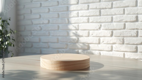 Empty wooden pedestal on kitchen table before white brick wall : Generative AI