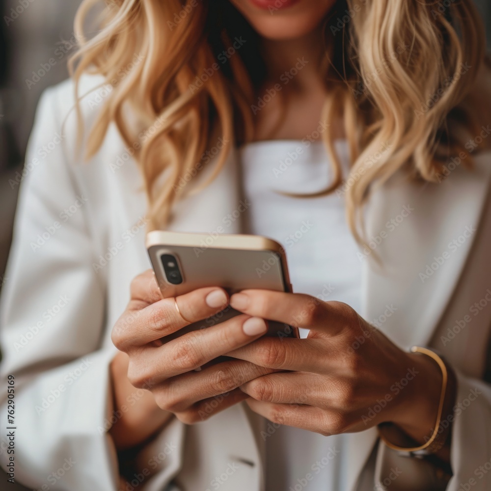 Positive young business professional woman using application on mobile phone, touching screen, Positive young business professional woman using application on mobile phone, touching screen,