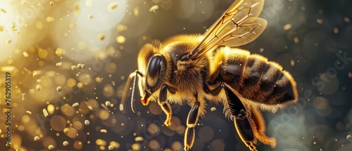 A close-up of a honeybee collecting pollen, with pollen grains visible,