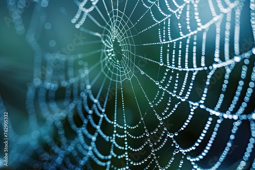 A close-up of a spider's web, with dewdrops clinging to the delicate strands,