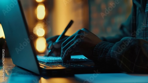 Detailed view of a mans hand jotting down notes in a notepad on a modern laptop with a blurred background : Generative AI photo