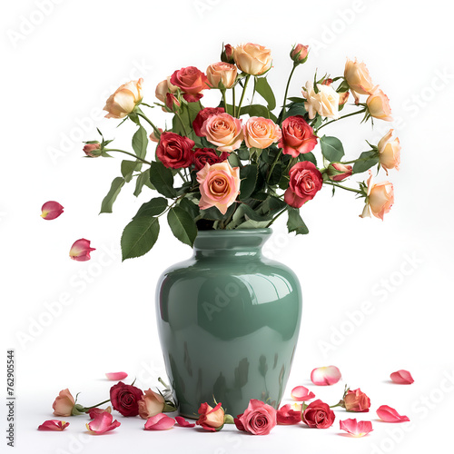 A large bouquet of roses, beautiful arranged in green ceramic vaes  photo