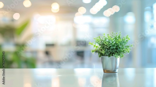 BLURRED OFFICE BACKGROUND MODERN LIGHT INTERIOR WITH GREEN FLOWERS : Generative AI photo