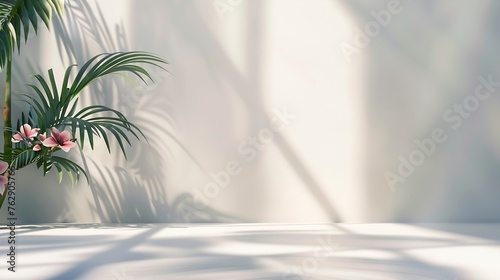 Abstract white studio background for product presentation Empty room with shadows of window and flowers and palm leaves  3d room with copy space Summer concert Blurred backdrop : Generative AI