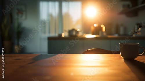 empty table kithen room warm light blur background : Generative AI photo