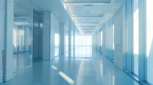 Light blurred background The hall of an office or medical institution with panoramic windows and a perspective : Generative AI