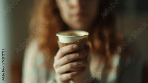 Blurred woman holding a coffee cup : Generative AI