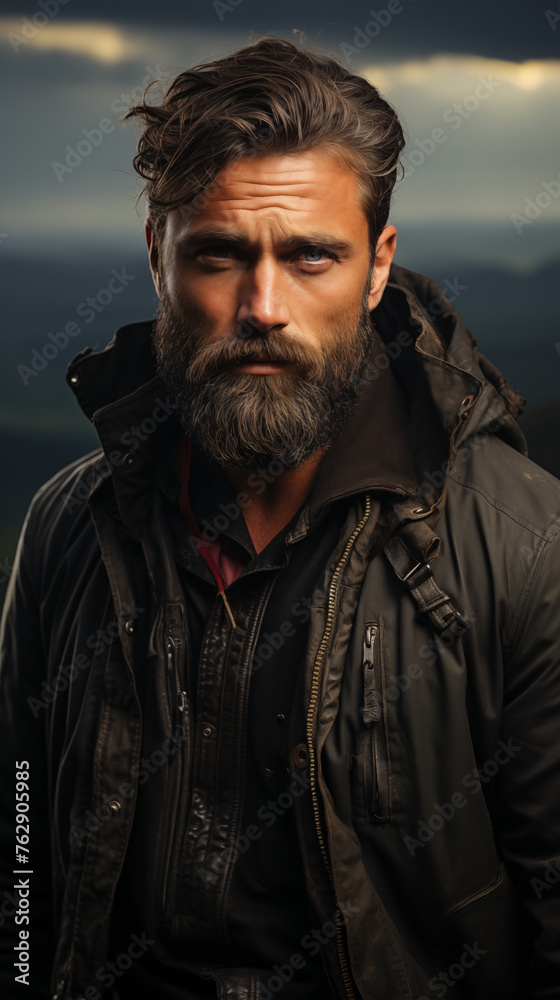 Obraz premium 28 year old man with fade cut black hair combed to the side, no beard, with fade cut beard, is on a mountain at the top
