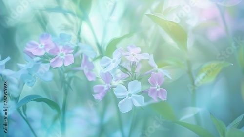 Closedup blue flowers Phlox divaricata or woodland phlox Beautiful blurred background nature in pastel colors with a soft focus of blue shades among green leaves and other blossom blur : Generative AI photo