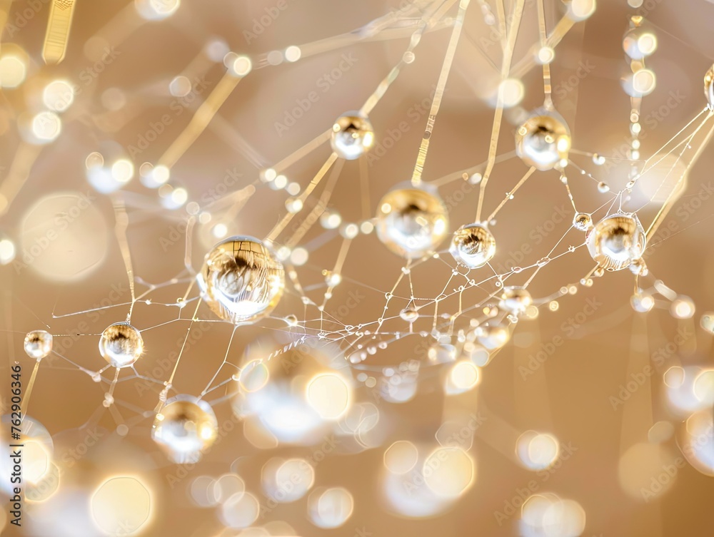 Obraz premium A close-up of water droplets on a spider's silk, each droplet reflecting the world around it,