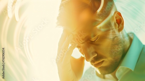 Stress migraine and motion blur with a business man in a meeting feeling frustrated tired or overworked Mental health anxiety and headache with an exhausted male employee suffering fro : Generative AI photo