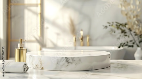 Marble white podium on table for bathing product display on blur bathroom sink background   Generative AI