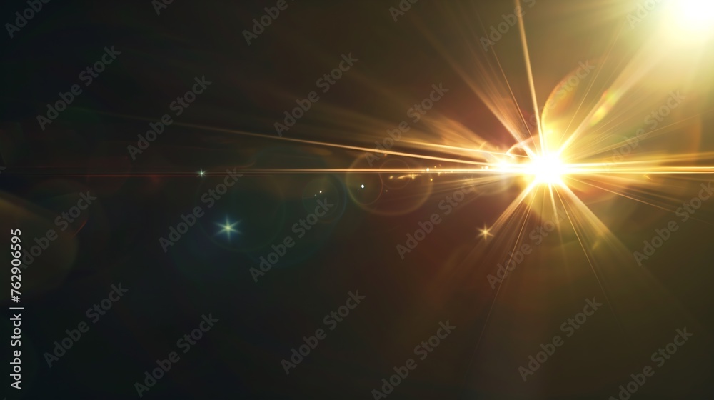 Easy to add lens flare effects for overlay designs or screen blending mode to make highquality images Abstract sun burst digital flare iridescent glare over black background : Generative AI - obrazy, fototapety, plakaty 