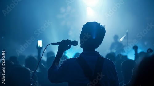 Vocalist in front of crowd on scene in stadium Bright stage lighting crowded dance floor Phone lights at concert Band blue silhouette crowd People with cell phone lights : Generative AI