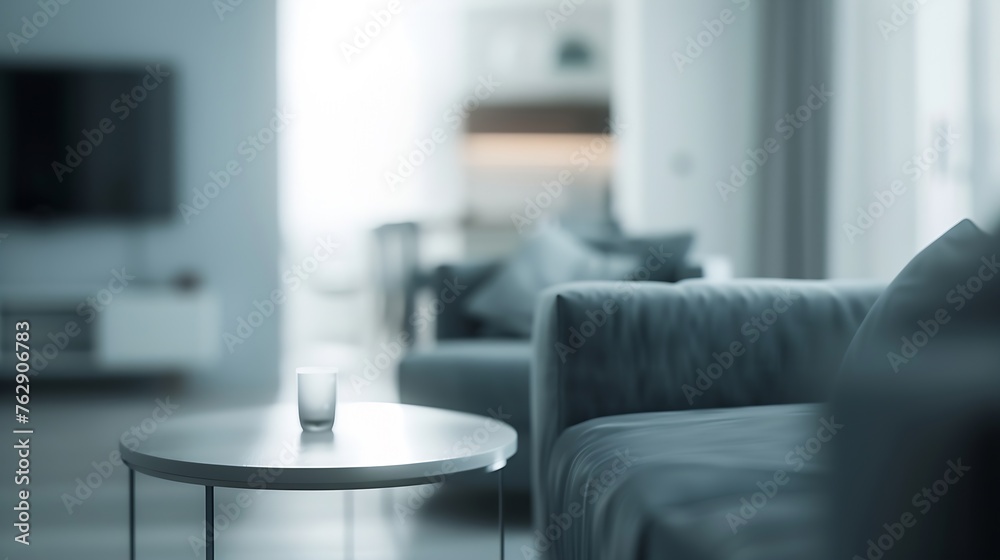 Blurred view of light living room with grey sofas and coffee table : Generative AI Blurred view of light living room with grey sofas and coffee table : Generative AI
