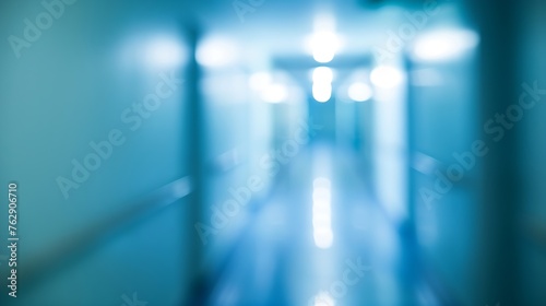 abstract blurred of hospital corridor blue color background concept : Generative AI