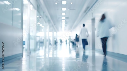 BLURRED OFFICE BACKGROUND MODERN BUSINESS HALL WITH BLURRY PEOPLE INSIDE MEDICAL HALL WAY HOSPITAL CORRIDOR : Generative AI