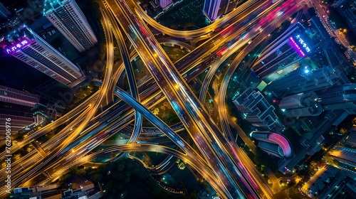 Aerial top down of multilevel elevated road huge traffic junction in modern metropolis city Night long exposure motion blur of vehicles Modern development of infrastructure and motorwa : Generative AI