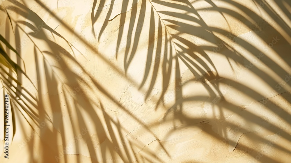 Obraz premium Abstract background of shadows palm leaves on a sand color wall Summer beach concept with palm tree leaf : Generative AI