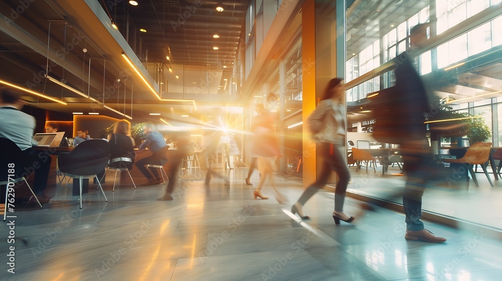 motion blur of energetic and ambitious business people walking near meeting room in coworking environment of modern office with high tech interior full length dynamic business concept : Generative AI