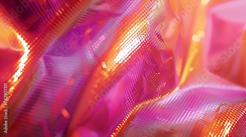 Closeup of ethereal bright neon pink magenta orange holographic metallic foil background Abstract modern curved blurred surreal futuristic disco rave techno festive dreamlike backdrop : Generative AI