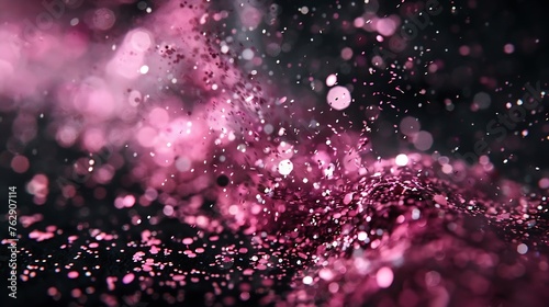 Explosion metallic pink glitter sparkle Choky Glitter powder spark blink celebrate blur foil explode in air fly throw pink glitters particle Black background isolated selective focus B : Generative AI photo