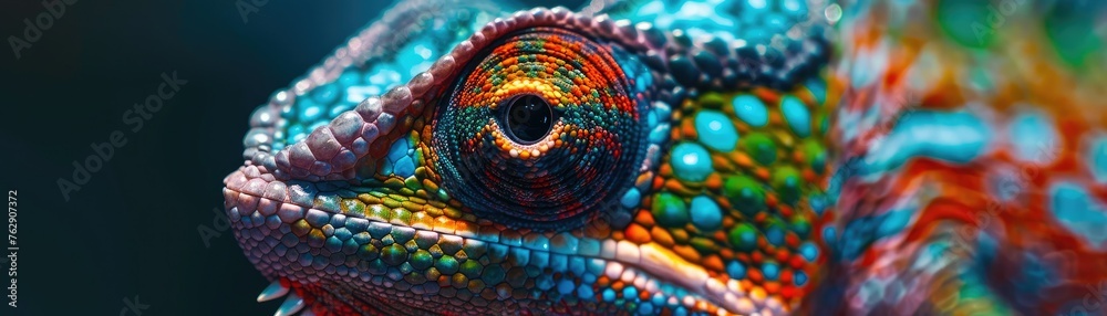 Obraz premium A macro shot of a chameleon's skin, focusing on its color-changing capabilities,