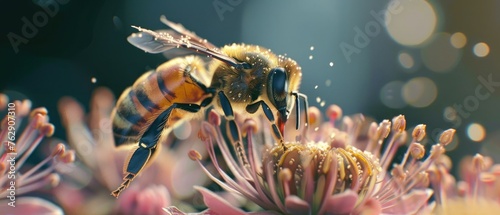 A macro shot of a bee pollenating a flower, highlighting the pollen on its legs,