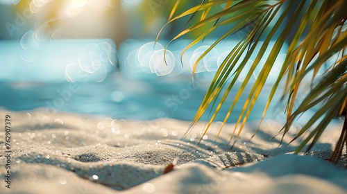 Sand with blurred Palm and tropical beach bokeh background Summer vacation and travel concept Copy space : Generative AI