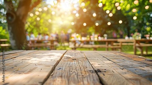 Empty wooden table with party in garden background blurred : Generative AI photo