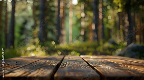 Beautiful blurred boreal forest background view with empty rustic wooden table for mockup product display Picnic table with customizable space on tabletop for editing Flawless   Generative AI