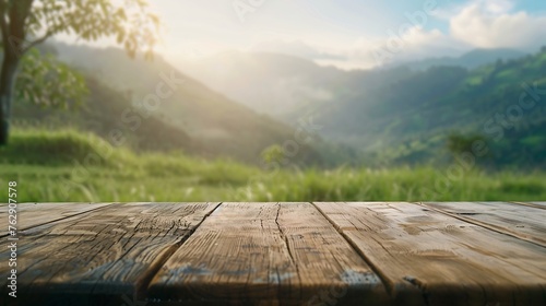 Wooden table top on blur mountain and grass fieldFresh and Relax conceptFor montage product display or design key visual layoutView of copy space   Generative AI