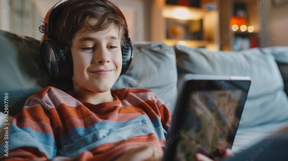 Naklejka premium .ฺBoy watching video with headphone on tablet computer.