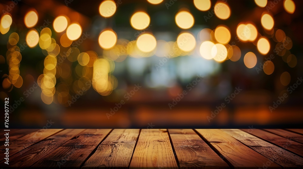 Image of wooden table in front of abstract blurred restaurant lights background : Generative AI Image of wooden table in front of abstract blurred restaurant lights background : Generative AI